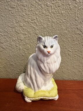 Vintage White &Grey Bone China Long-Haired Cat Figurine by Royal Adderly